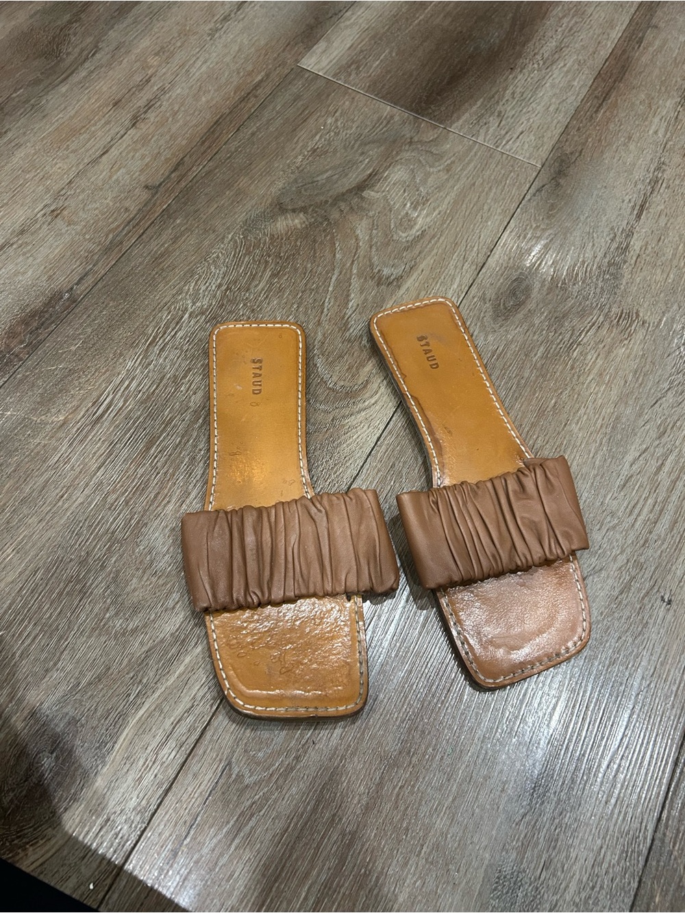 Staud Brown Ruched Slide Sandals - Women's